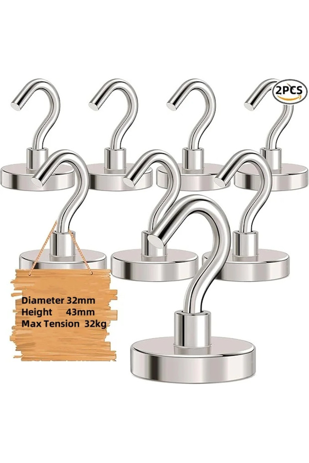 SNE32-8PCS 32MM Magnetic Hooks Heavy Duty,79lb Magnet with Hook, Neodymium Cruise Hooks, Locker Orga