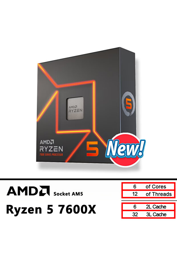 AMD AMD New Ryzen 5 7600X CPU R5 7600X 4.7 GHz 6-Core 12-Thread 5NM L3=32M 100-000000593 Sket AM5 Se