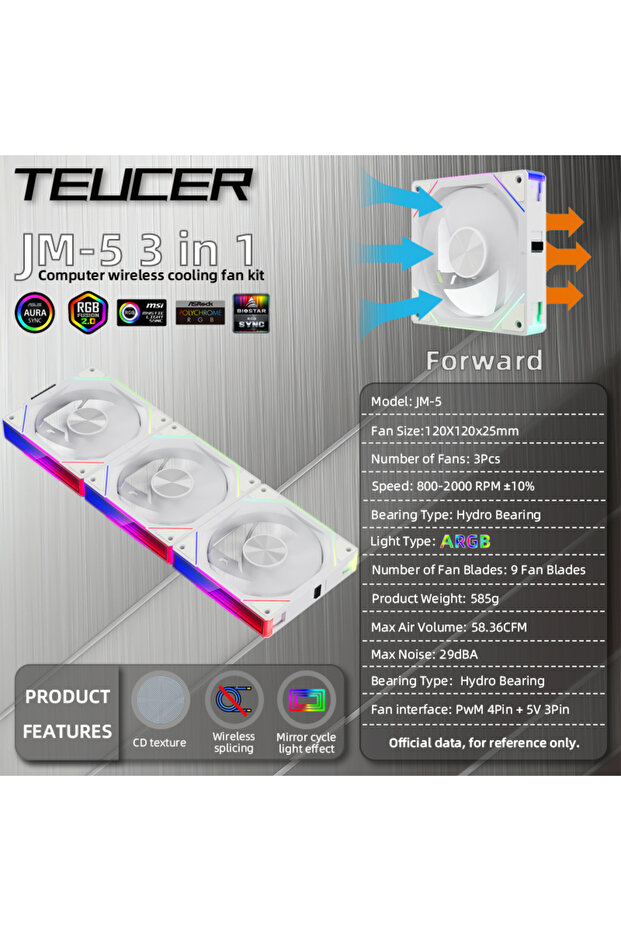 A-RGB As shown White Forward TEUCER JM-5 Wireless Cooling Fan Kit 800-2000RPM 5V 3Pin ARGB Case Fan