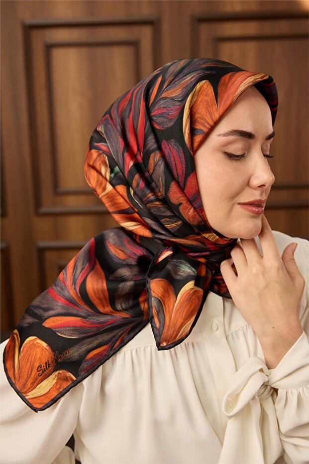 Black Orange Floral Pattern Tivil Woven Pure Silk Scarf-11493-13-Kvs0914