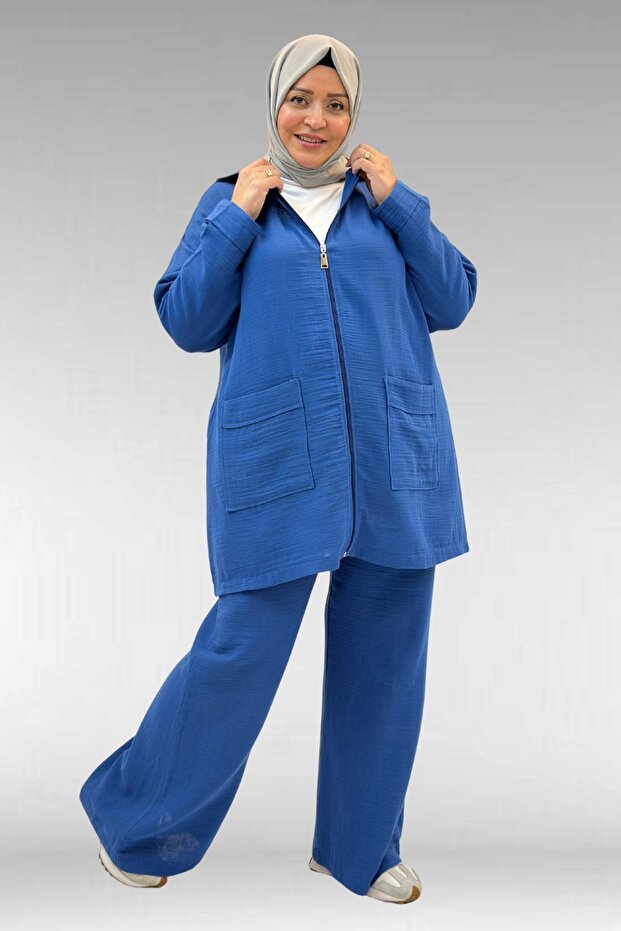 67035 Large Size Hooded Zippered Muslin Pants Set - Indigo