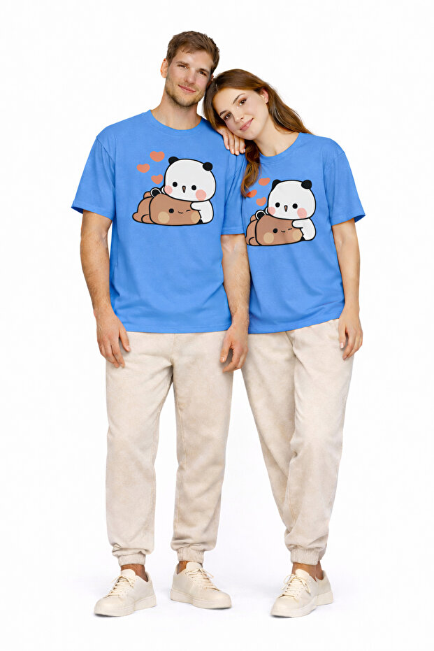 Cute Panda Printed Lover's Combination Couple T-Shirt Oversize Unisex Couple Combination Set of 2 Blue