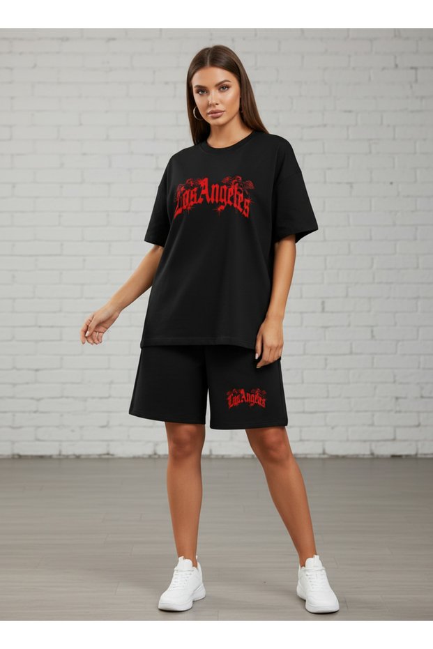 Women's Oversize Los Angeles Red Printed Shorts 2-Piece Set – Black Street Style