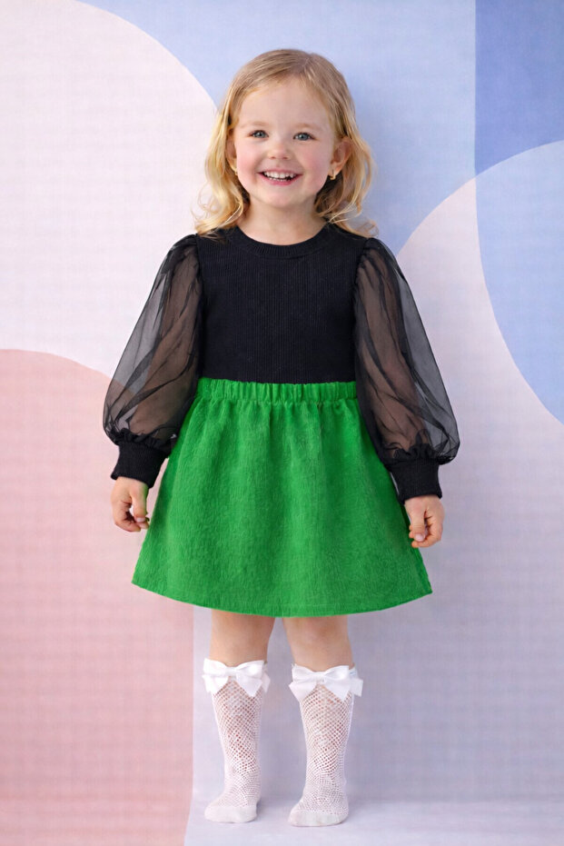 Girl's Black Tulle Sleeves, Green Elastic Skirt Set and White Fishnet Socks Set