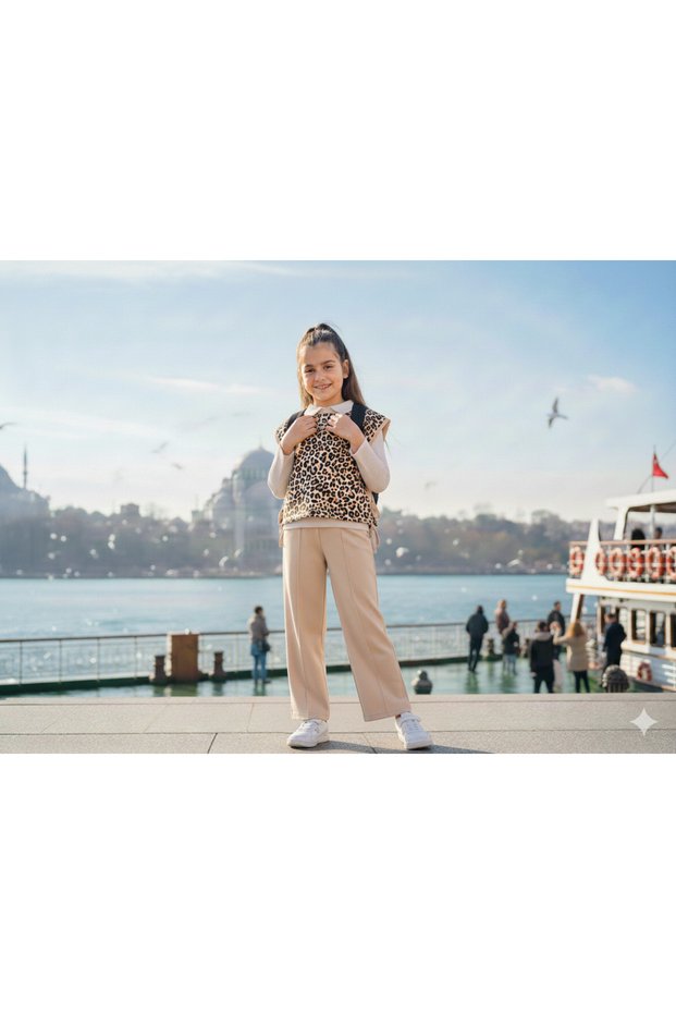 Girl's Leopard Patterned Gilet Sweater, Badi and Trousers 3-Piece Set
