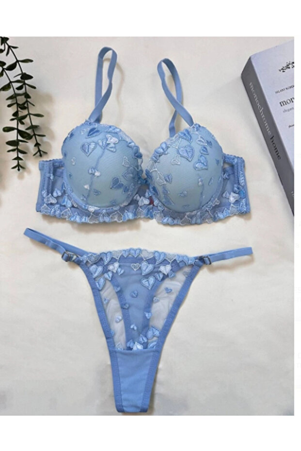 Women's Supported Embroidered Blue Elegant Bra Set