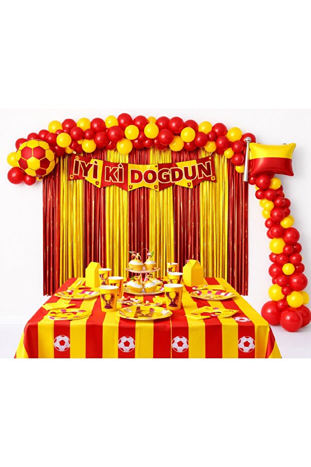 Luxury Plate and Cup Yellow Red Fan (Super Set) with Backdrop Concept Birthday Party Set Decoration