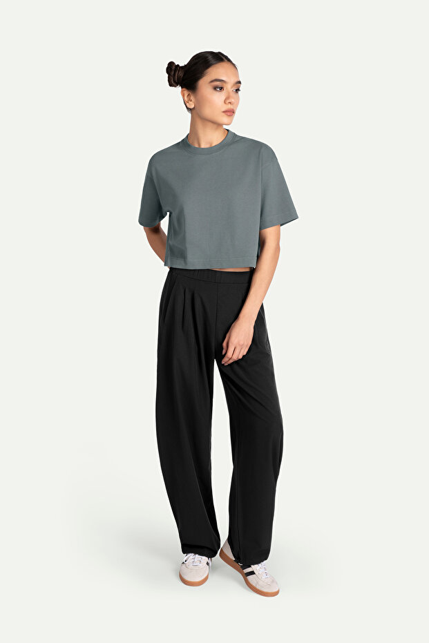 Kadın Urban Cut Crop Basic T-Shirt - Storm - 4