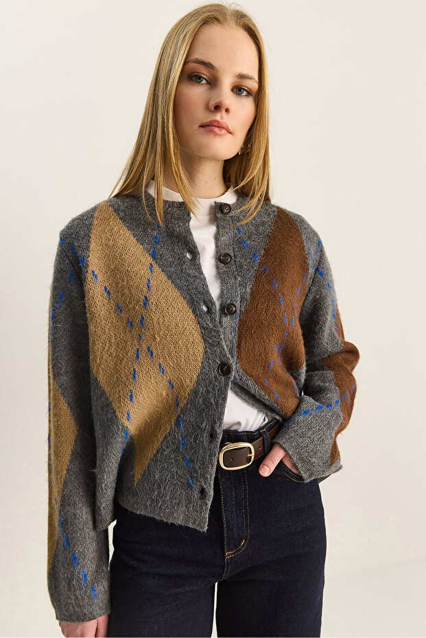 Women's Anthracite Bakalava Patterned Shawl Cardigan with Buttons 20264002