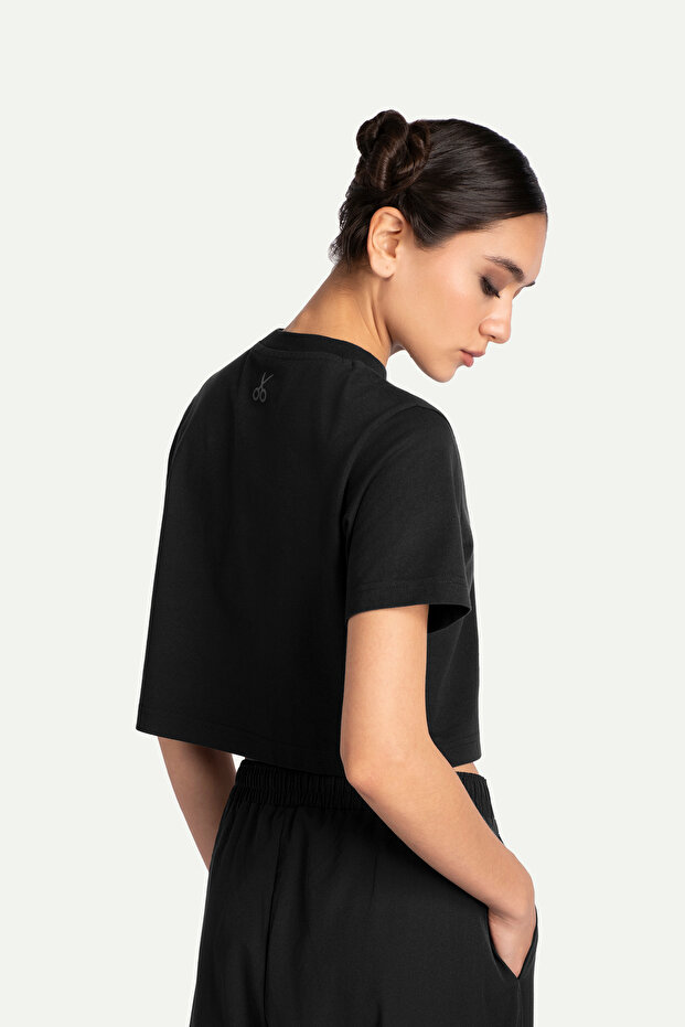 Kadın Flat Cut Crop Basic T-Shirt - Tar - 8