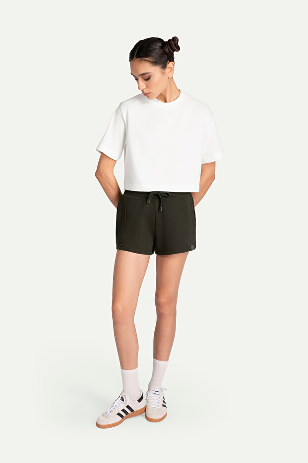 Kadın Urban Cut Crop Basic T-Shirt - Off White - 4