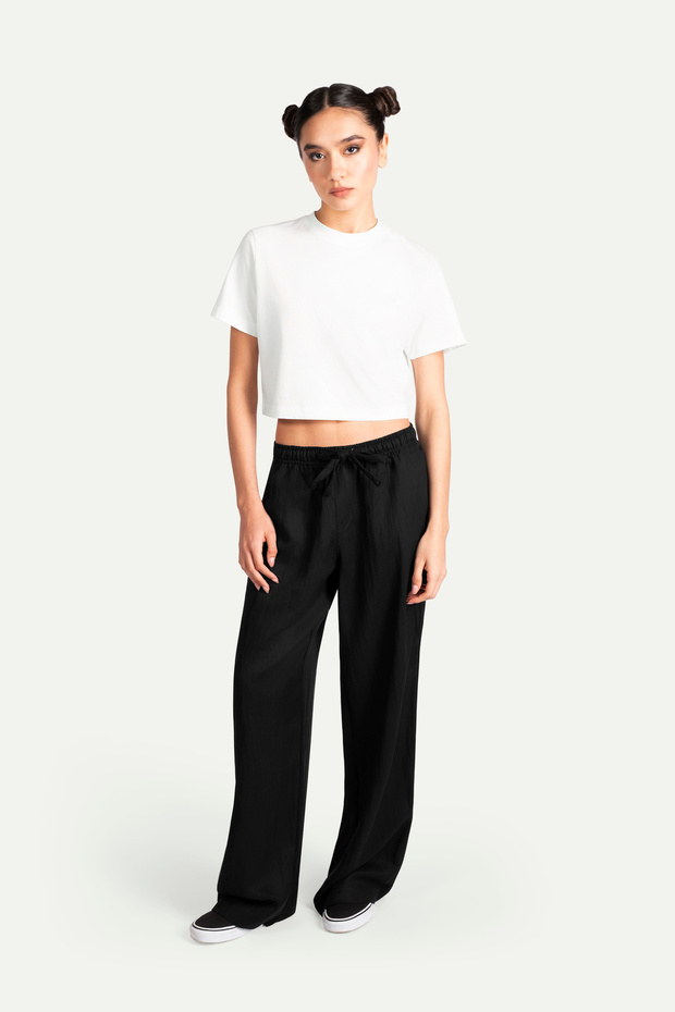 Kadın Flat Cut Crop Basic T-Shirt - Off White - 4