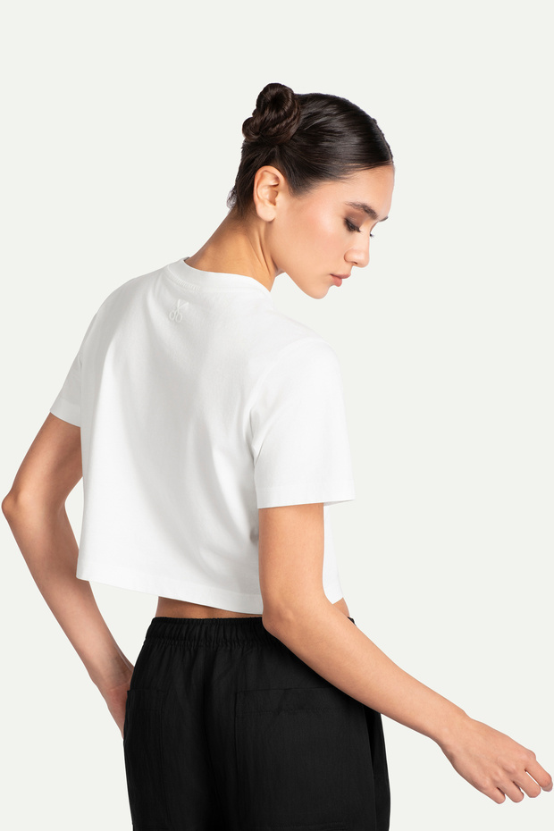 Kadın Flat Cut Crop Basic T-Shirt - Off White - 8