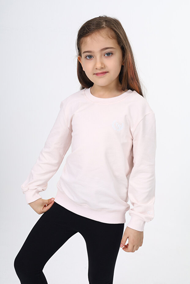 Girl's Relax Fit Crew Neck Embroidered Printed Sweatshirt - 2 Yarns