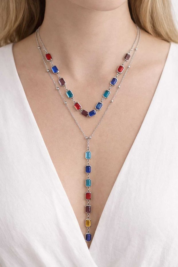 Multi-Colored Square Stone Multi-Layered Y-Shape Necklace, Summer Vacation Fashion Jewelry, Love and Affection Gift
