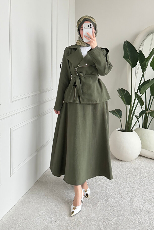 Efnan Tansel Fabric Zippered Jacket - Skirt Hijab Set - Khaki
