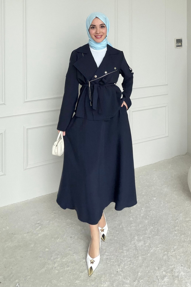 Efnan Tansel Fabric Zippered Jacket-Skirt Hijab Set-Navy Blue
