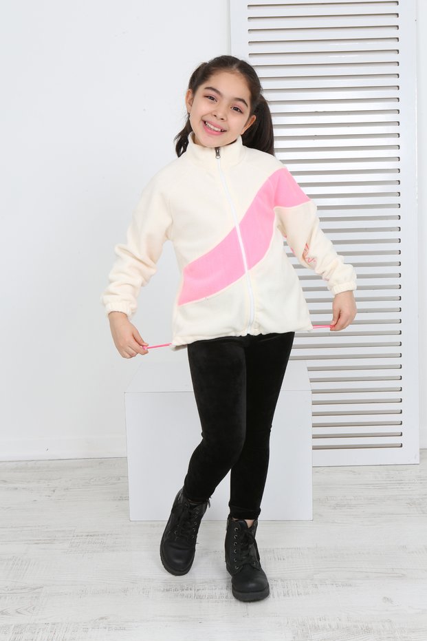Girl's Stand Collar Zippered Color Block Raglan Sleeve Fleece Cardigan - Adjustable Elastic Waist