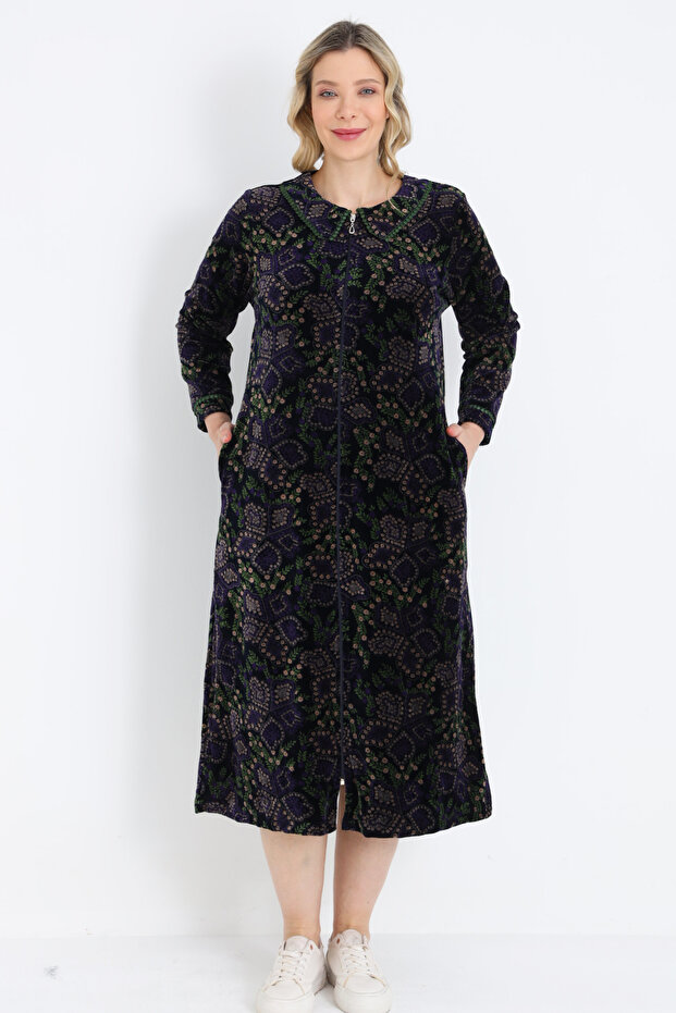 Women's Plus Size Cotton Velvet Patterned Pocket Zipper Maxi Length Long Sleeve Dress