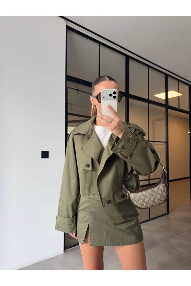 Apolet Crop Trench Coat Khaki