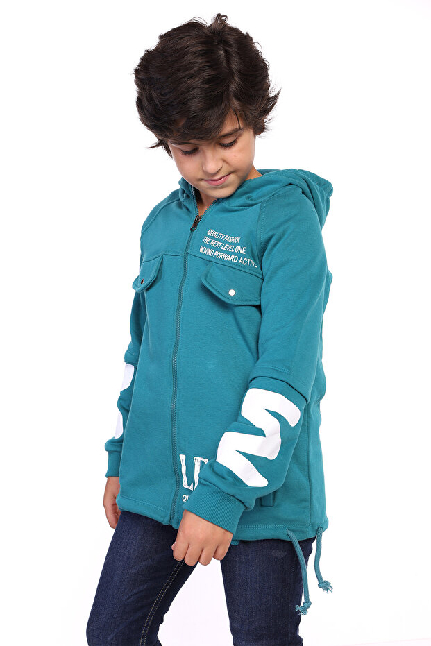 Boy's Hooded Zippered Pocketed Drop Shoulder Printed Raglan Sleeve Knitted Cardigan - Adjustable Waist