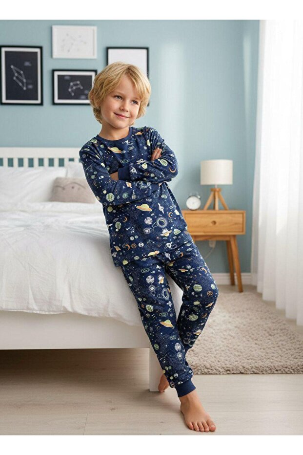 İsob Navy Blue Space Patterned 100% Cotton Boys' Pajama Set 3-8 Years 51320