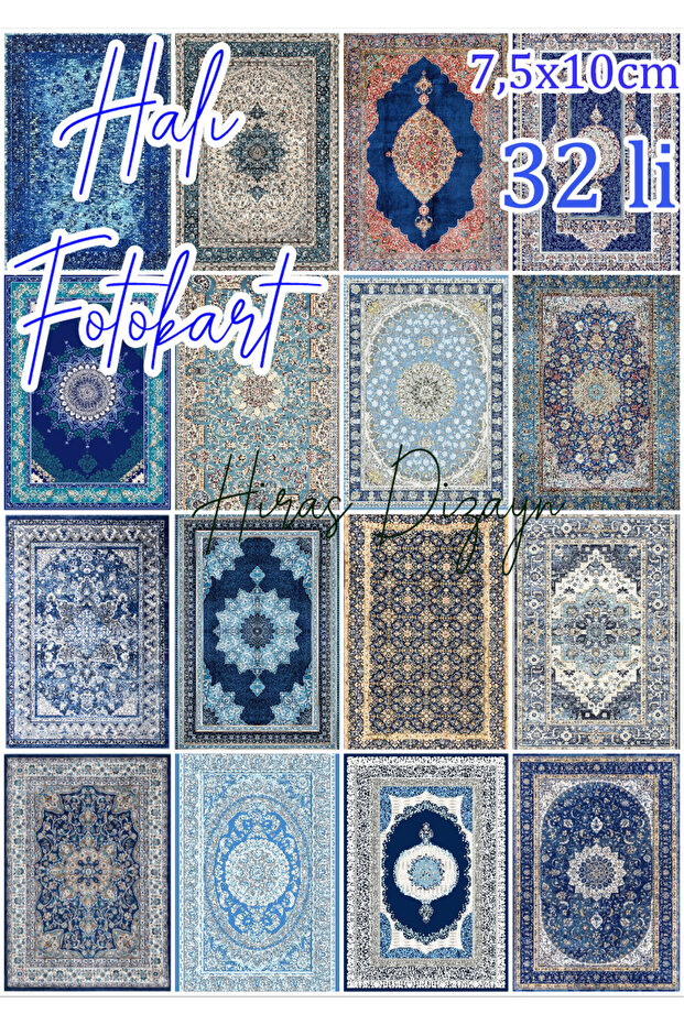 32Pcs Blue Carpet Rug Patterned Photocard Good Quality Postcard Clipboard Cards Suitable for Making Carpet Clipboard Cards