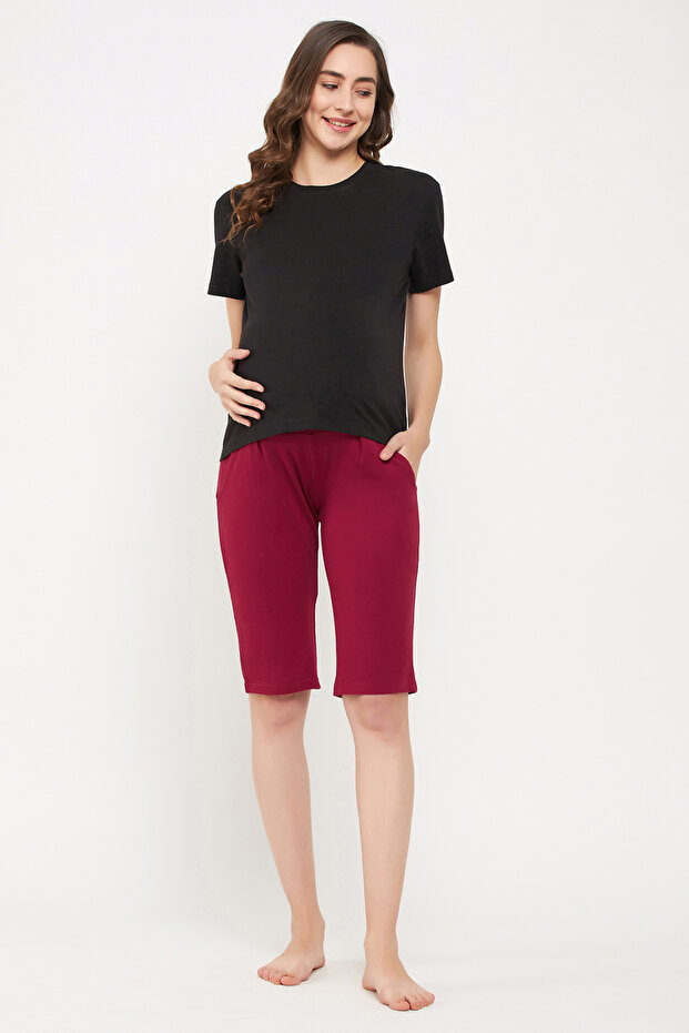 Chic Basic Maternity Shorts in Maroon - Cotton - 2