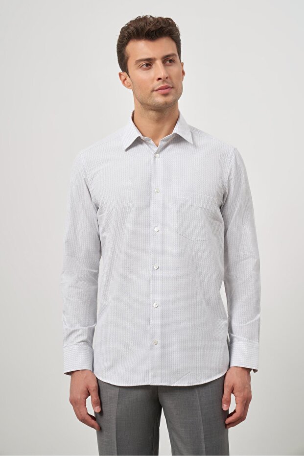 Men's White Long Sleeve Checkered Pattern Hard Collar Pocket Cotton Comfort Fit Shirt 1004245159