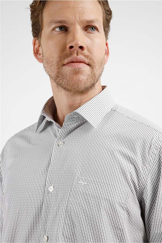 Khaki-White Striped Pattern Hard Collar Long Sleeve Pocket Comfort Fit Cotton Shirt 1004255210