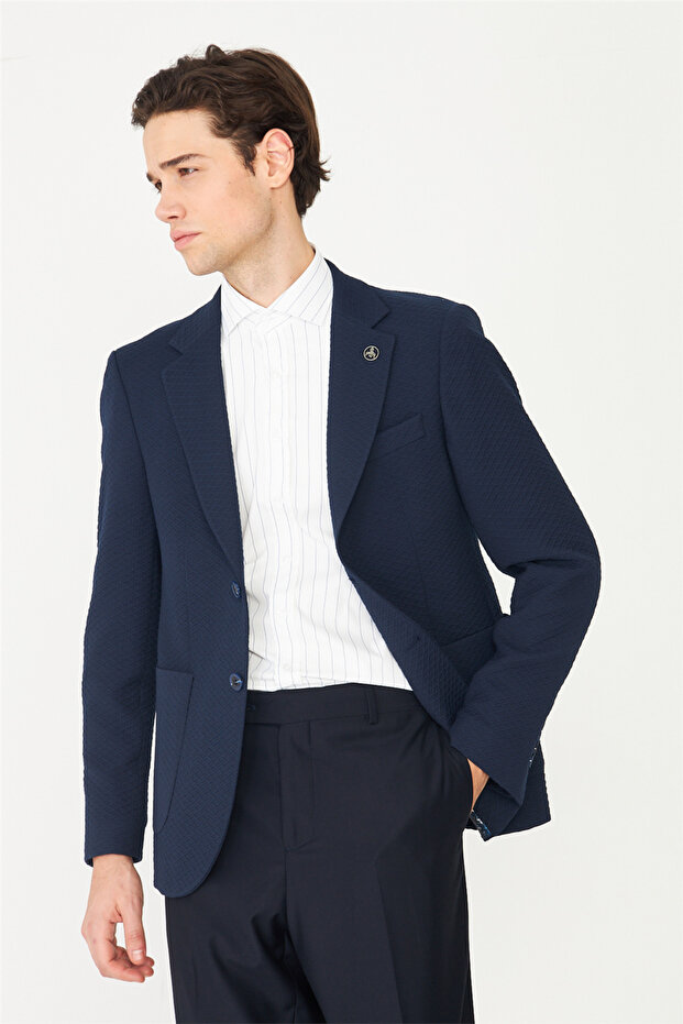 Navy Blue Lightly Patterned Blazer Jacket - 6