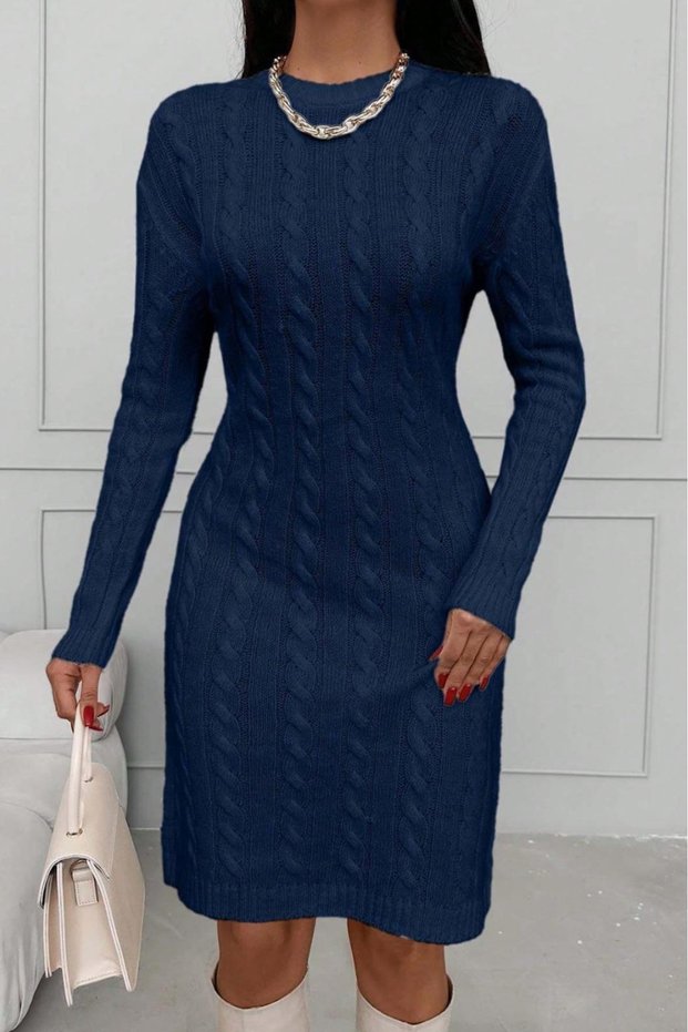 Women's Burgundy Knitwear Knee-Length Dress – Crew Neck, Long Sleeve, Slim Fit