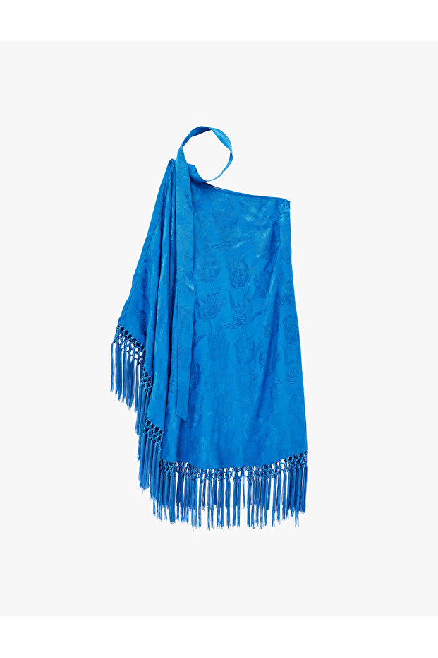 Women'S Sax Fringed One Shoulder Dress