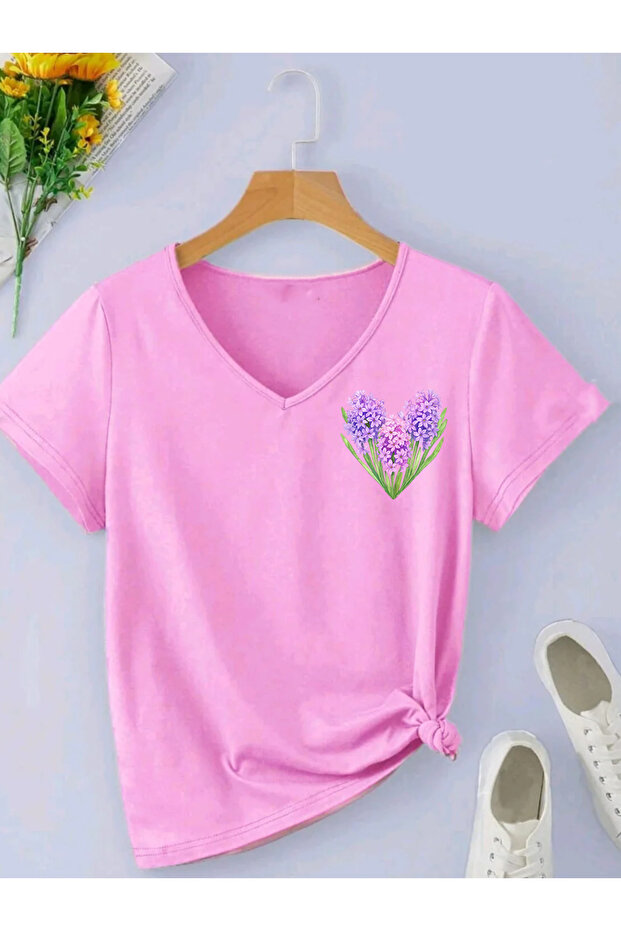 Mix Flowers Printed V-Neck Cotton Combed Cotton Short Sleeve Women's Tshirt