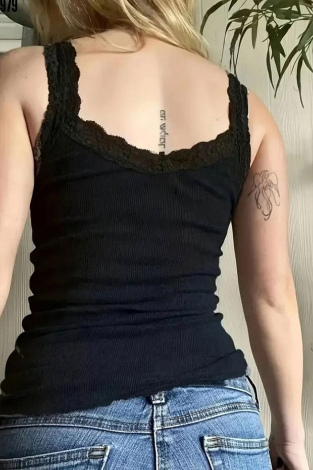 Siyah Basic Dantel Yakalı Y2K Askılı Crop - 2