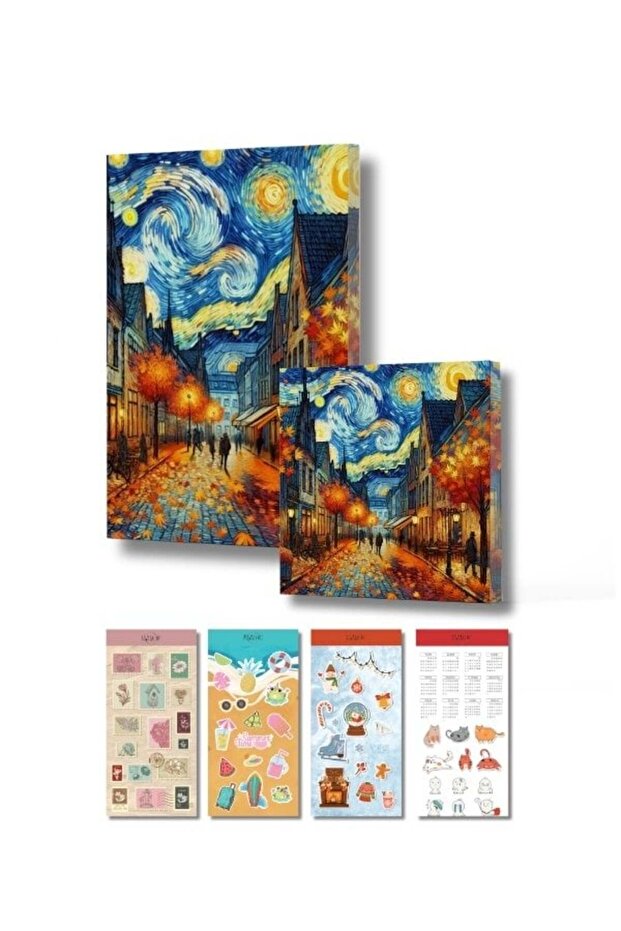 Van Gogh Starry Night Themed Autumn City Design Notebook Set - 4 Pages with Stickers as a Gift