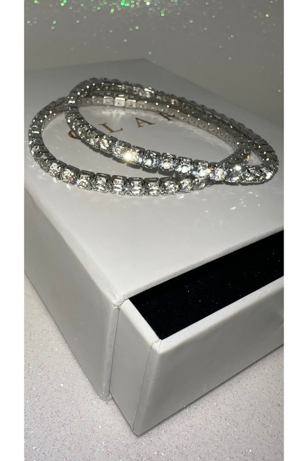 2Pcs 4mm White Stone Silver Color Stainless Steel Flexible Bracelet