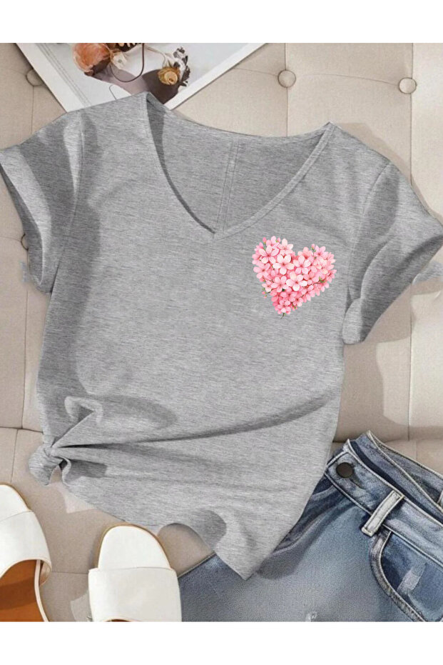 Mix Flowers Printed V-Neck Cotton Combed Cotton Short Sleeve Women's Tshirt