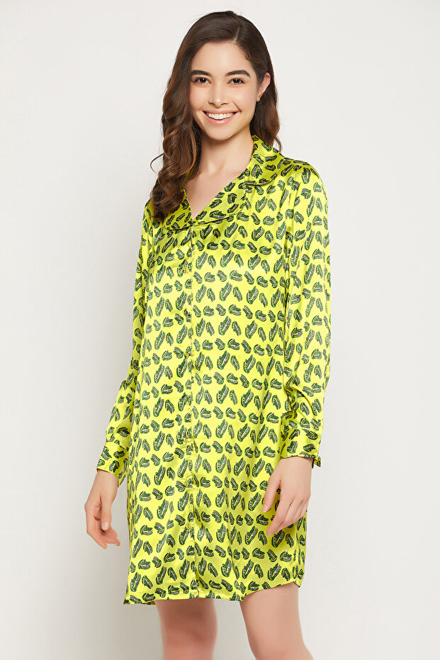 Crocodile Print Button Down Sleep Shirt in Yellow - Satin