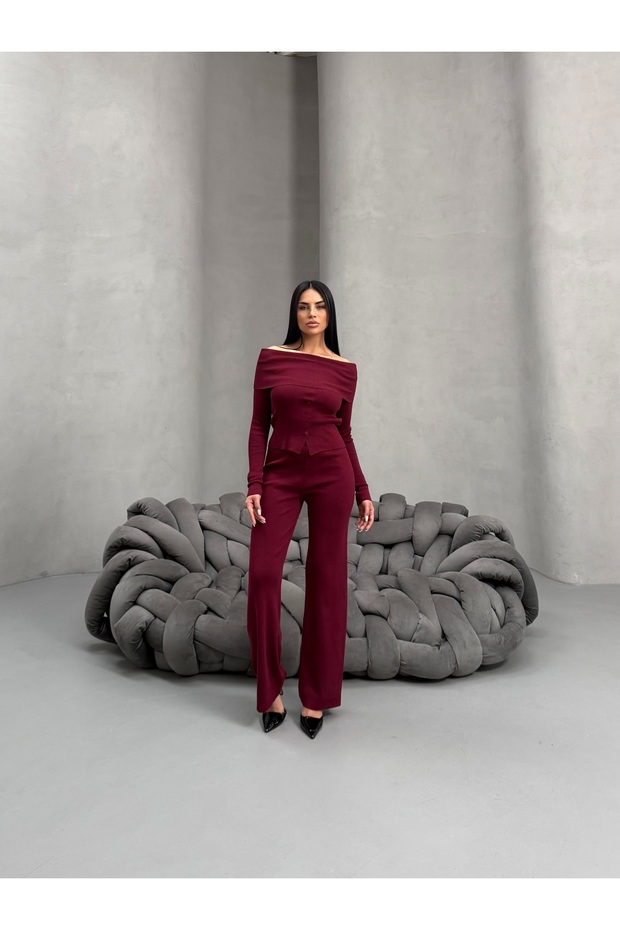 Boat Neck Button Detailed Knitwear Set