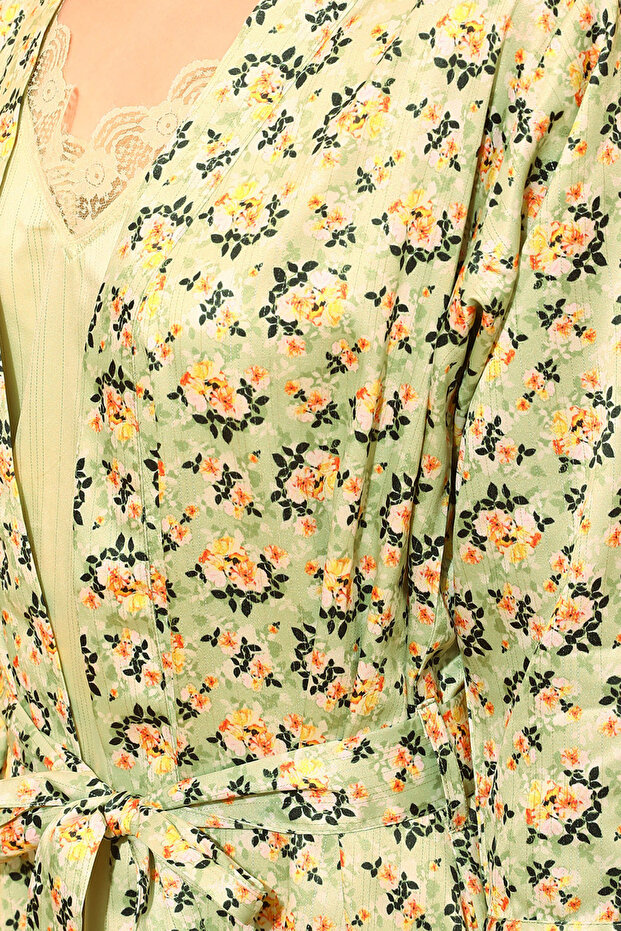 Chic Basic Long Nighty & Pretty Florals Robe in Mint Green - Satin - 6