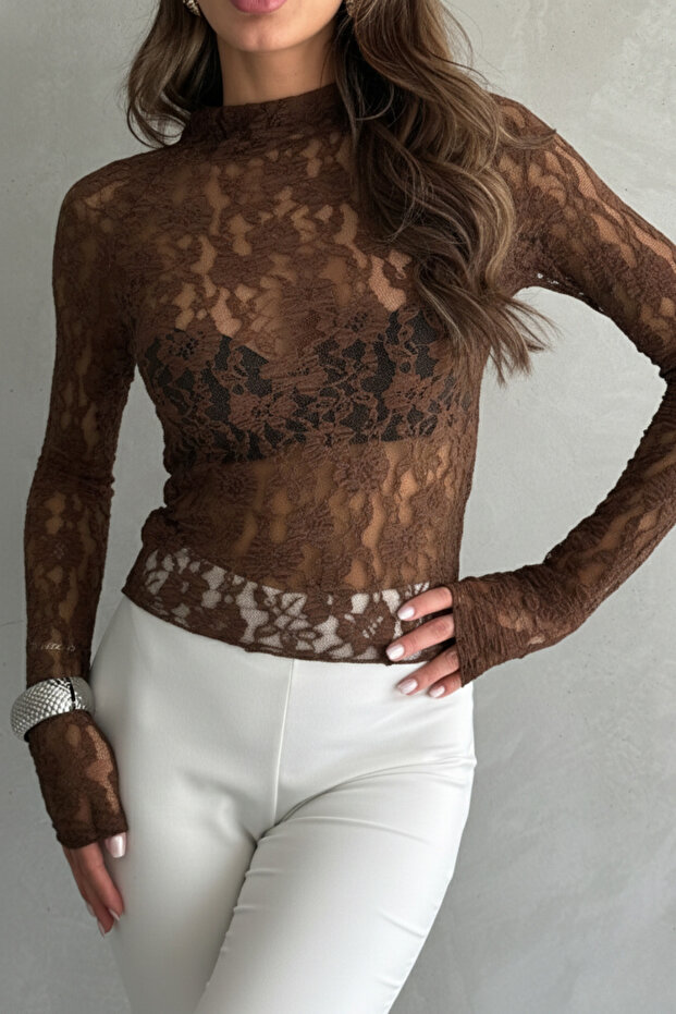 Women's Transparent Lace Long Sleeve Blouse