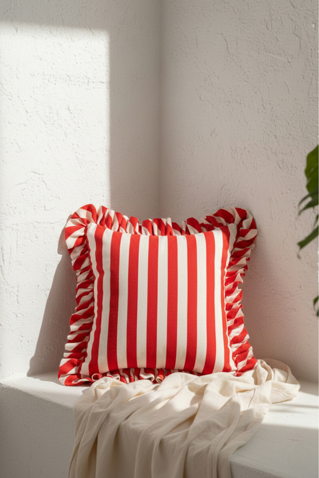 Red Striped Ruffled Throw Pillow 1 Piece