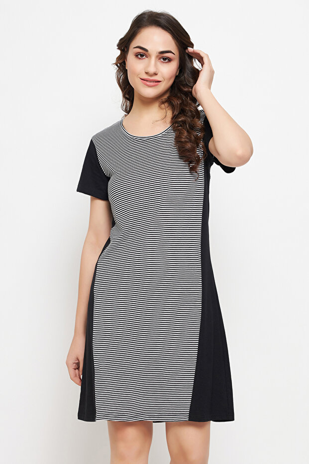 Sassy Stripes Short Night Dress in Black - 100% Cotton