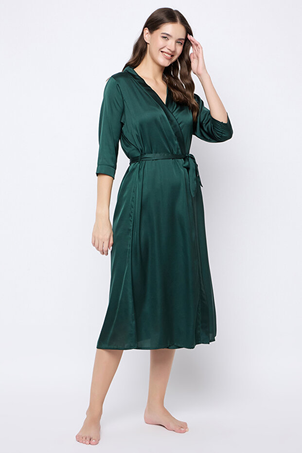 Chic Basic Long Robe in Dark Green - Satin - 3
