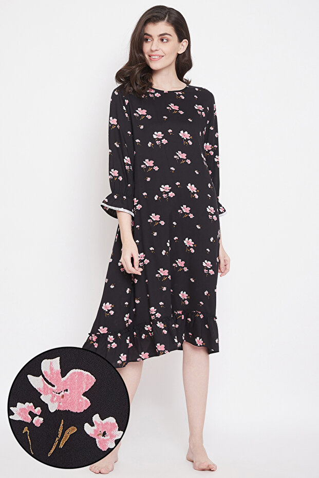 Pretty Florals Mid Length Nightdress in Black- Cotton Rich