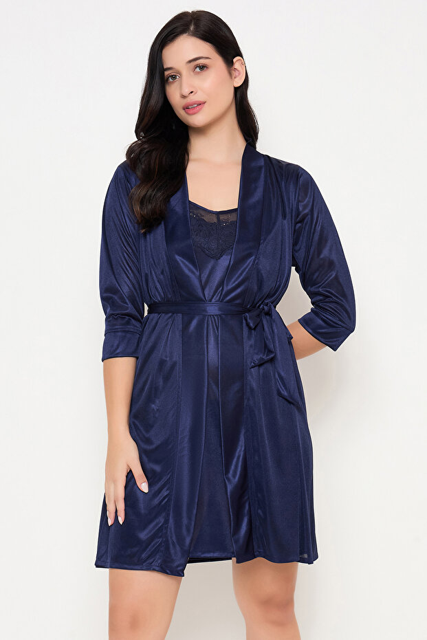 طقم أنيق وبسيط من فستان نوم قصير وروب باللون الكحلي - ساتان - 4
