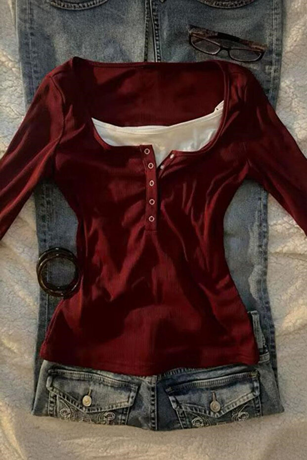 Burgundy Henley Collar Attached Grunge Y2K Long Sleeve Crop