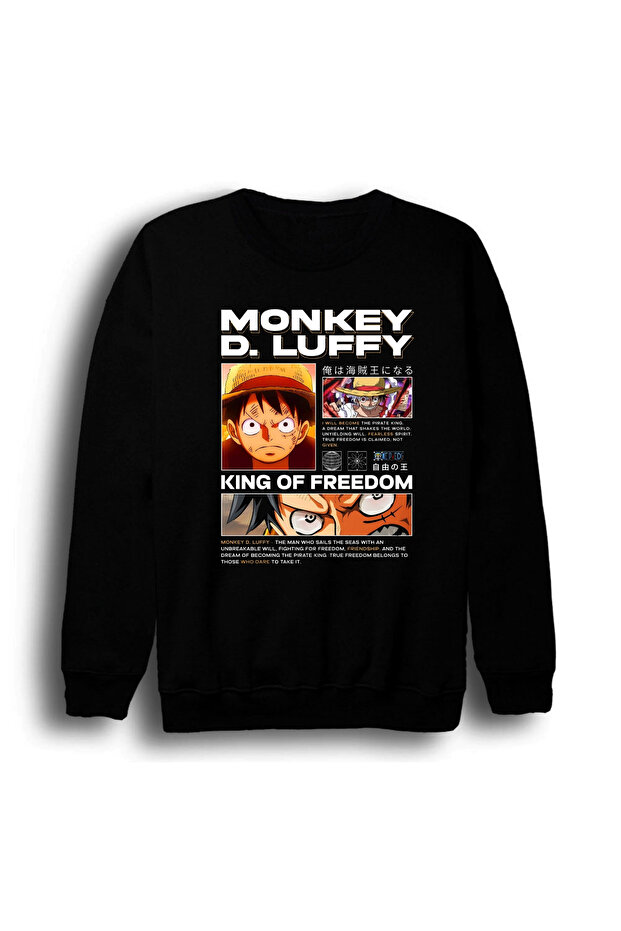 One Piece - Monkey D. Luffy - سويت شيرت أسود برقبة دائرية مطبوع عليه رسومات أنمي للجنسين مصنوع من القطن بنسبة 100%