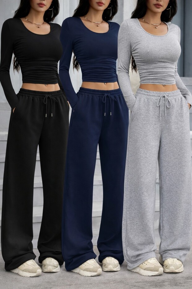 3-Piece Black Gray Navy Blue Wide Leg Sweatpants